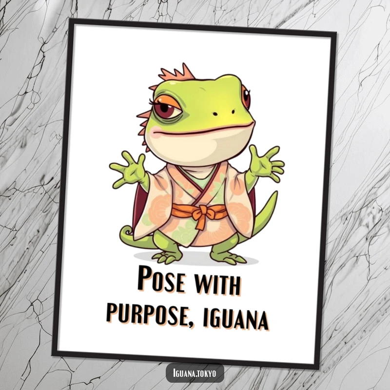 Funny Free Printable Iguana Wall Art: Iguana in kimono striking a playful, curious pose.