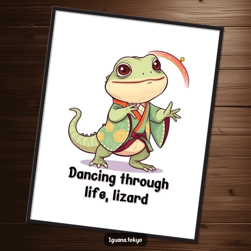 Funny Free Printable Iguana Wall Art: Iguana in festive kimono joyfully practicing a dance step.