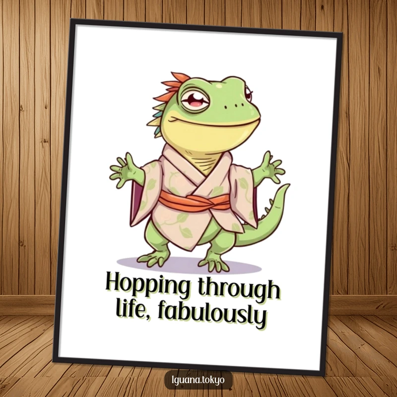 Funny Free Printable Wall Art: Iguana in a kimono doing a little happy hop, looking cheerful and energetic.