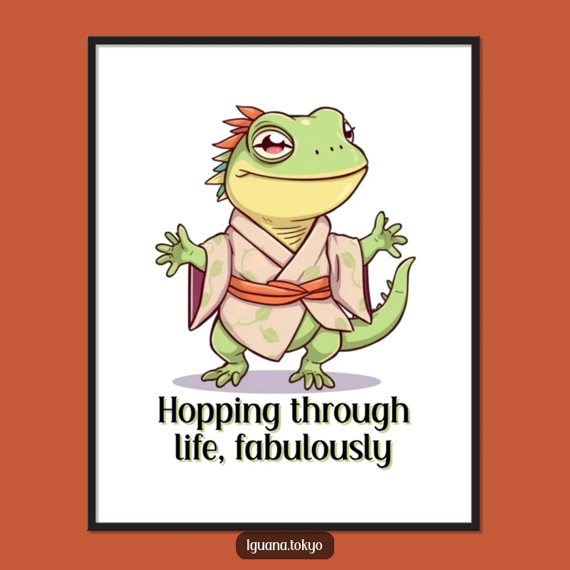Funny Free Printable Wall Art: Happy Iguana Kimono Hop Downloadable Decor