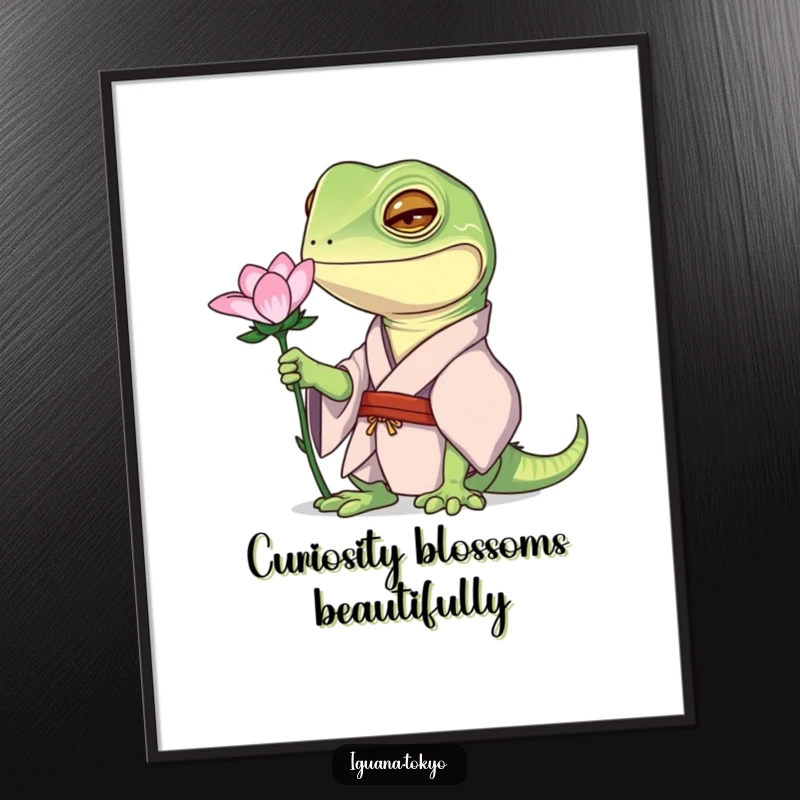 Funny Free Printable Wall Art: Iguana in a kimono curiously examining a flower, looking peaceful and observant.