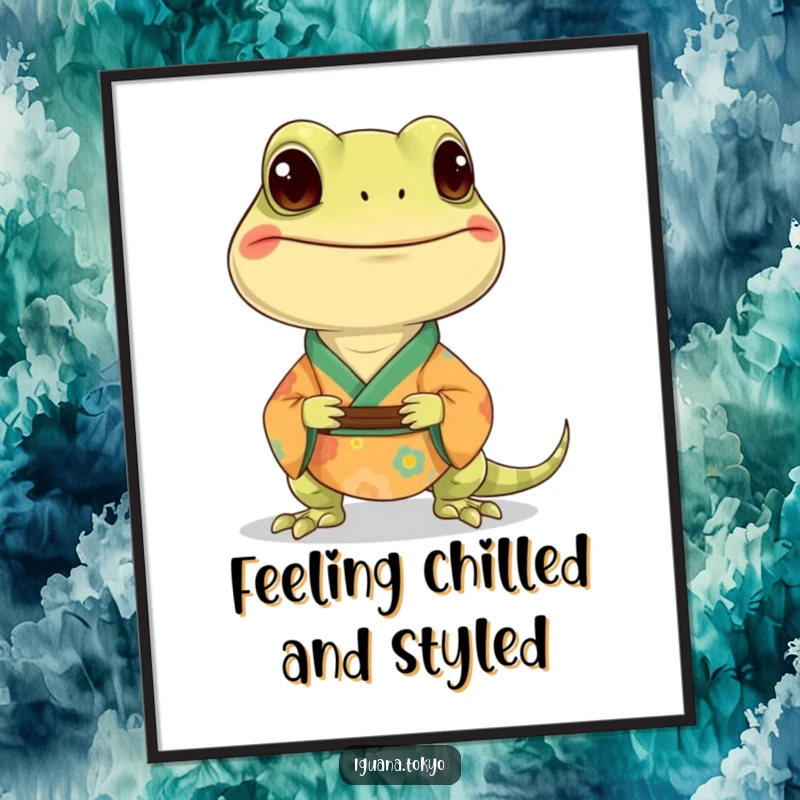 Funny Free Printable Wall Art: Smiling iguana wearing a small, colorful kimono, striking a cool pose.