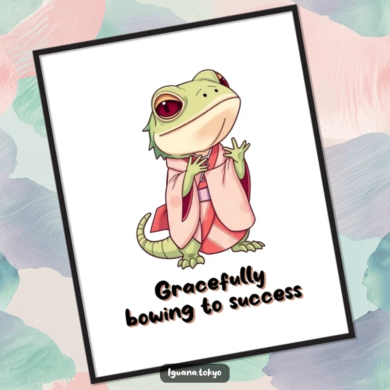 Funny Free Printable Wall Art: An iguana wearing an elegant kimono performs a graceful, serene bow.