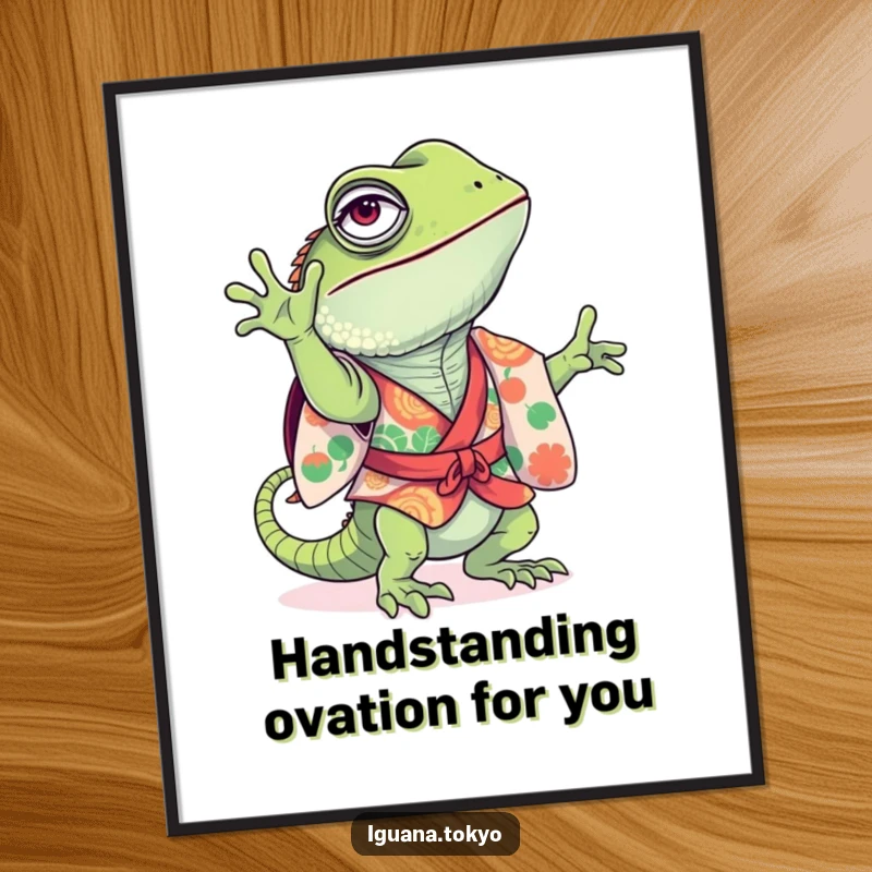 Funny Free Printable Wall Art: A colorful kimono-clad iguana hilariously tries to do a handstand.