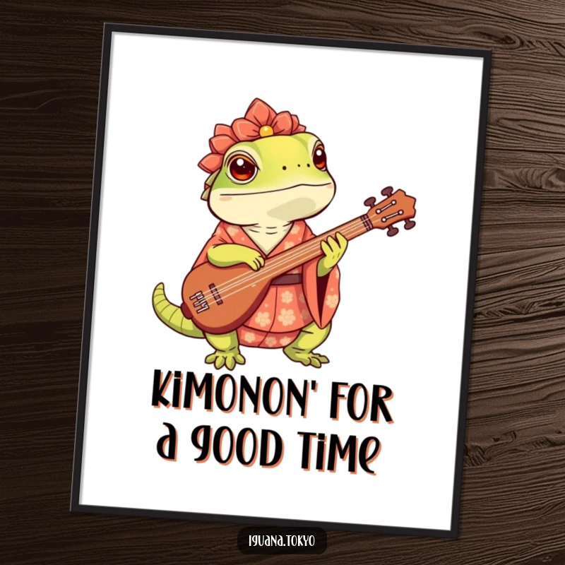 Funny Free Printable Wall Art of a cute iguana in a patterned kimono playing a shamisen with exotic flair.