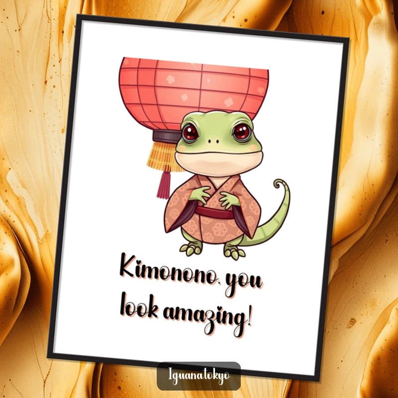 Funny Free Printable Iguana Wall Art: Playful reptile in kimono peeking from lantern, adding whimsy.