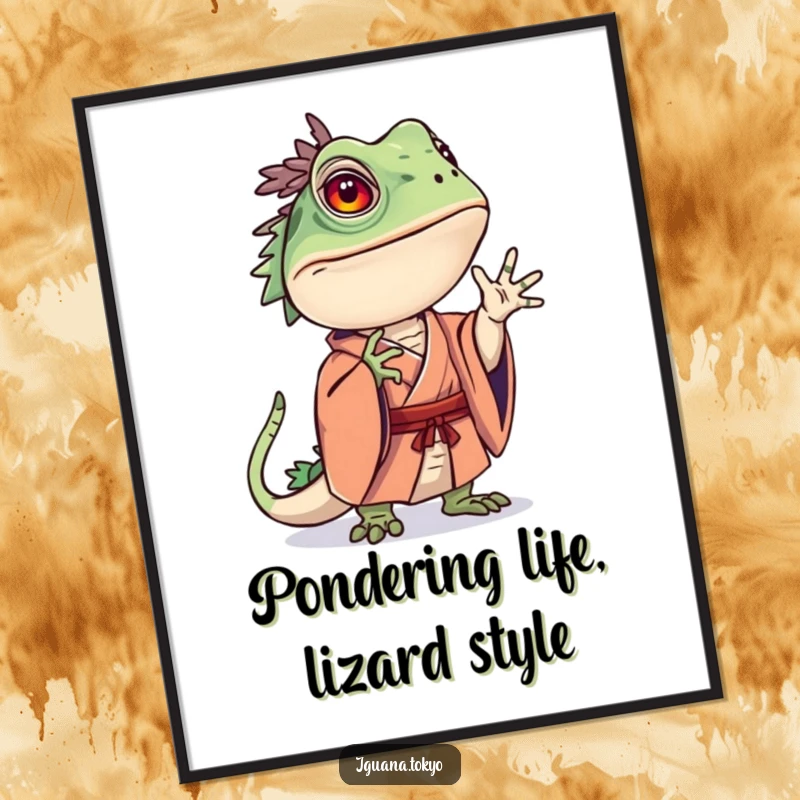 Funny Free Printable Wall Art: Iguana in a kimono striking a curious pose, looking mysterious and cool.