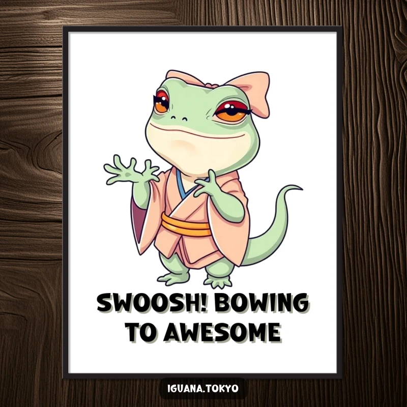 Funny Free Printable Wall Art: A petite iguana in a kimono performs a grand, swooshing bow.