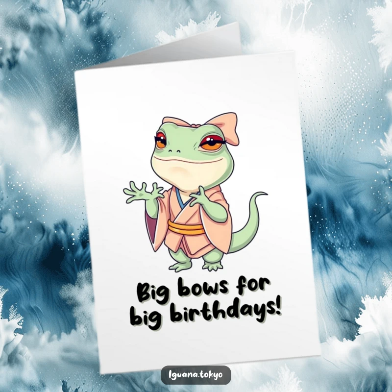Funny Free Printable Birthday Card: A petite iguana in a kimono performs a sweeping, dramatic bow.