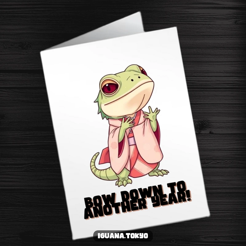 Funny Free Printable Birthday Card: An iguana in an elegant kimono performs a graceful, respectful bow.