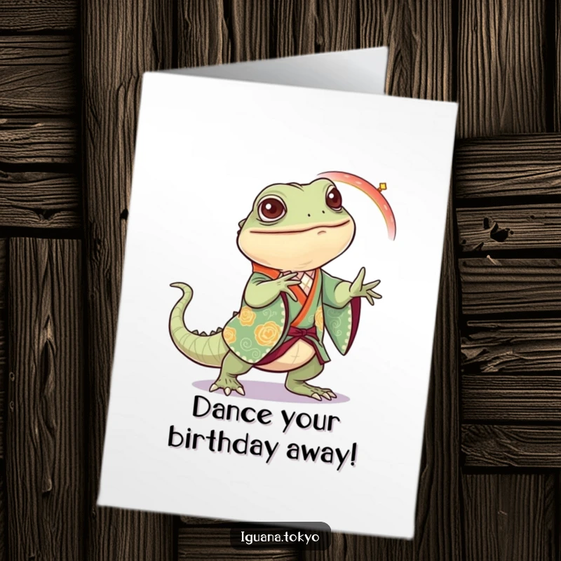Funny Free Printable Iguana Birthday Card: Iguana in festive kimono joyfully dancing.