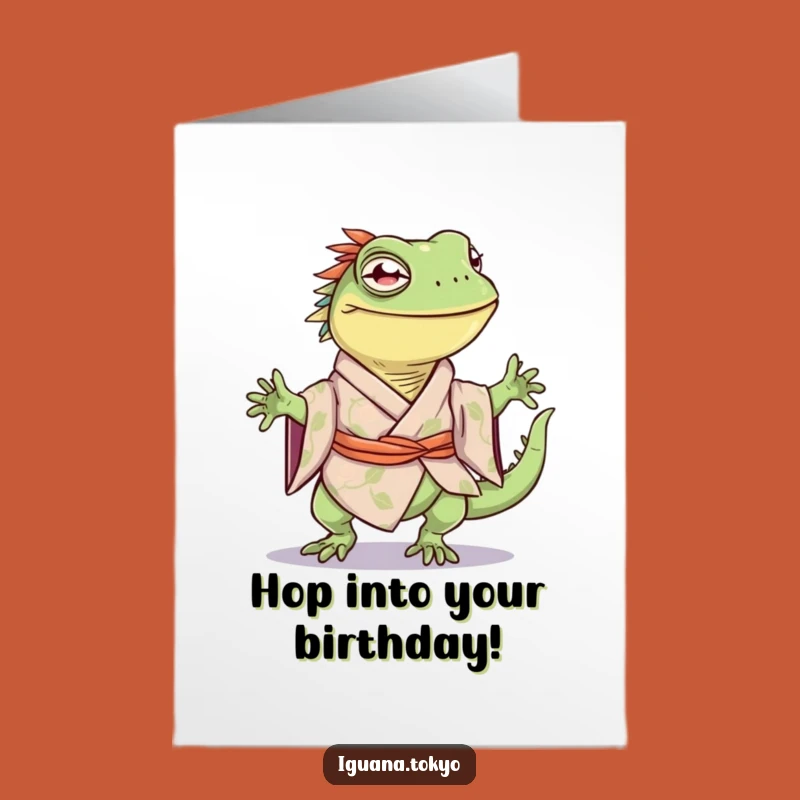 Free Printable Birthday Card: Happy Iguana Kimono Hop Downloadable Gift