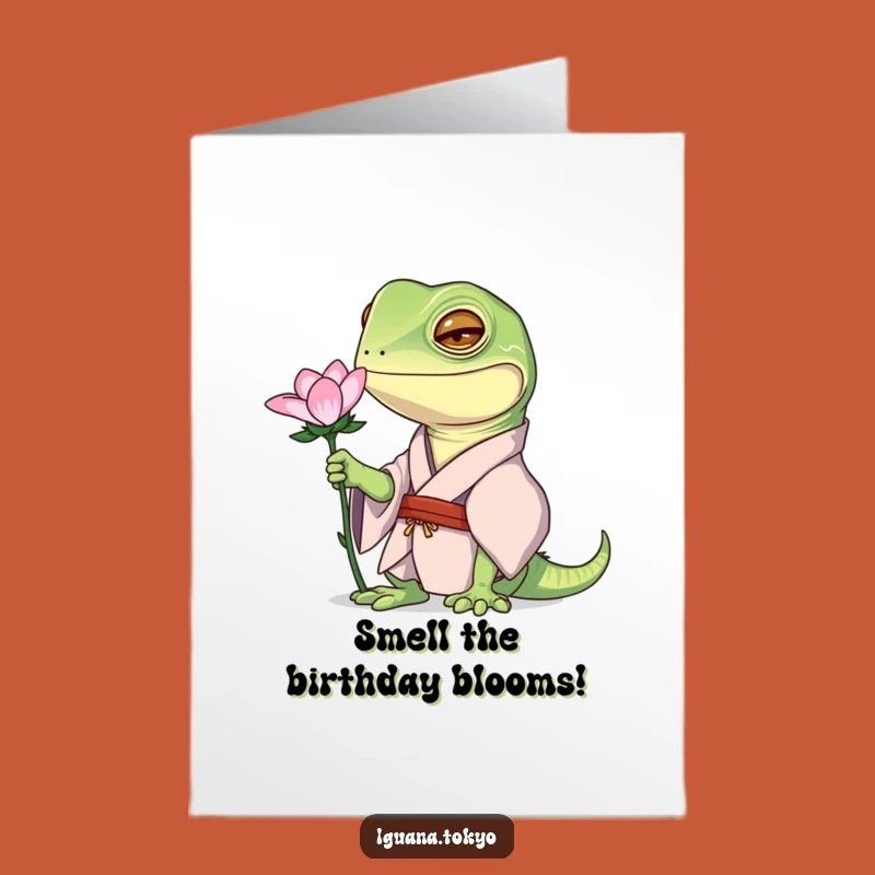 Free Printable Birthday Card: Iguana Kimono Flower Curiosity Downloadable Gift