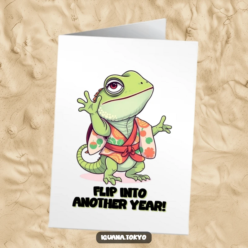 Funny Free Printable Birthday Card: A colorful kimono-clad iguana hilariously attempts a wobbly handstand.