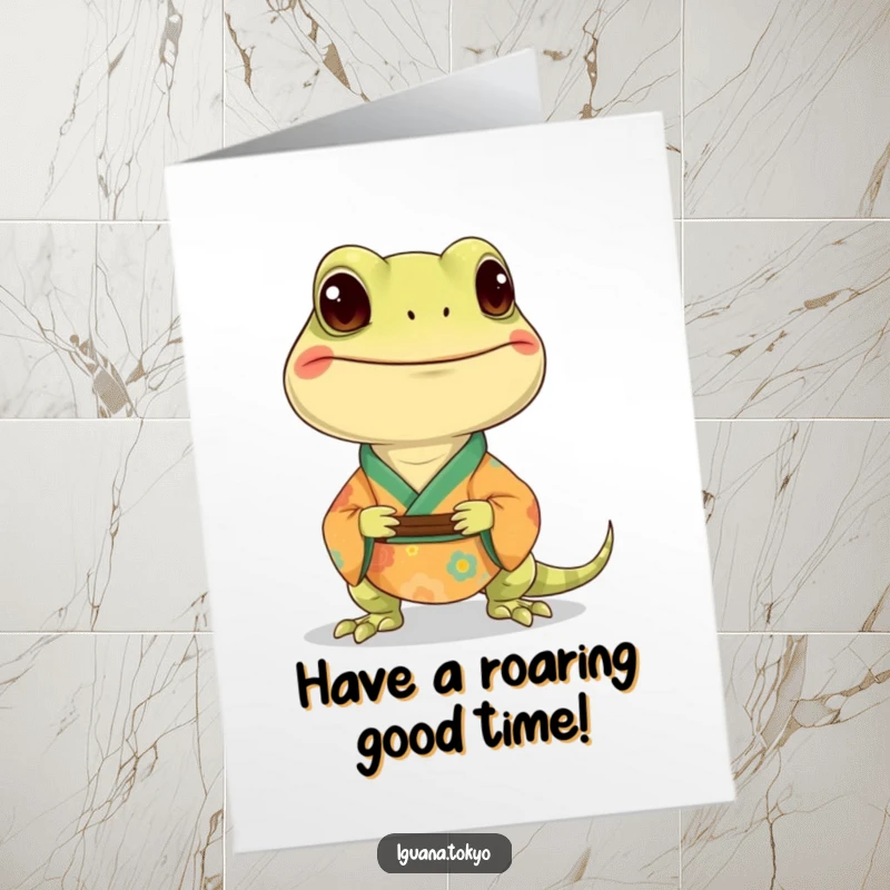 Funny Free Printable Birthday Card: Smiling iguana wearing a small, colorful kimono, looking festive.