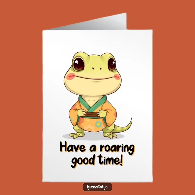 Free Printable Birthday Card: Smiling Iguana Kimono Fun Downloadable Gift