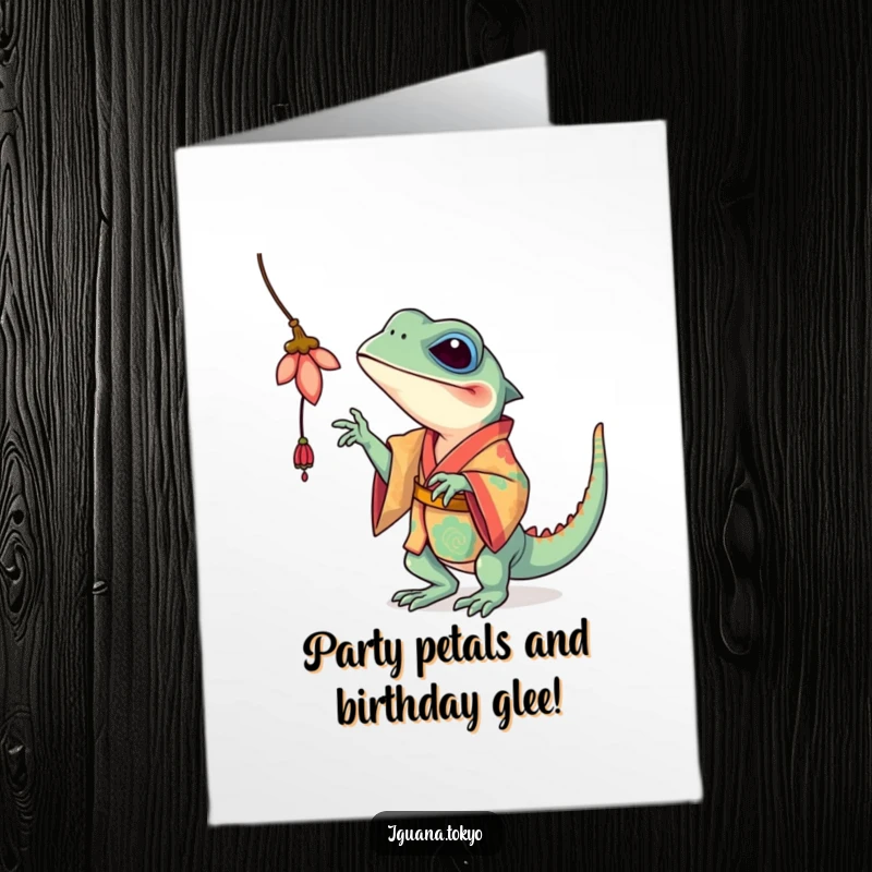 Funny Free Printable Iguana Birthday Card: Iguana in kimono playfully batting at a flower.