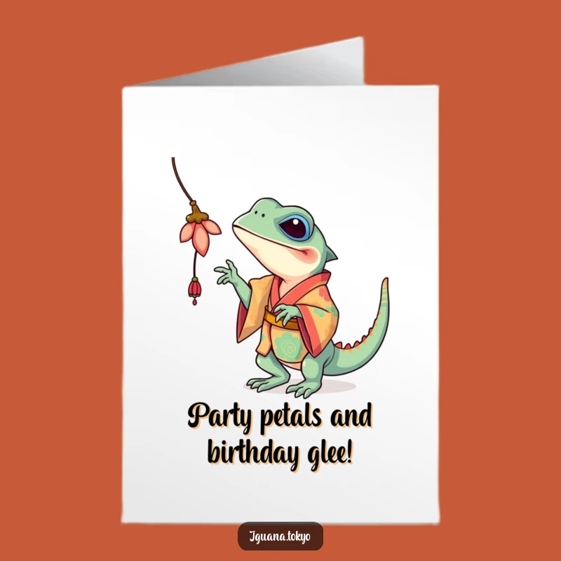 Free Printable Iguana Birthday Card: Playful Flower Batting, Funny Downloadable Gift