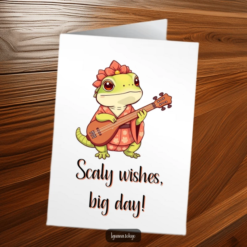 Funny Free Printable Birthday Card of a cute iguana in a fancy kimono playing a shamisen with musical notes.