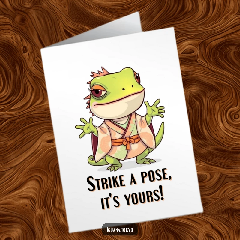 Funny Free Printable Iguana Birthday Card: Iguana in kimono striking a playful, curious pose.