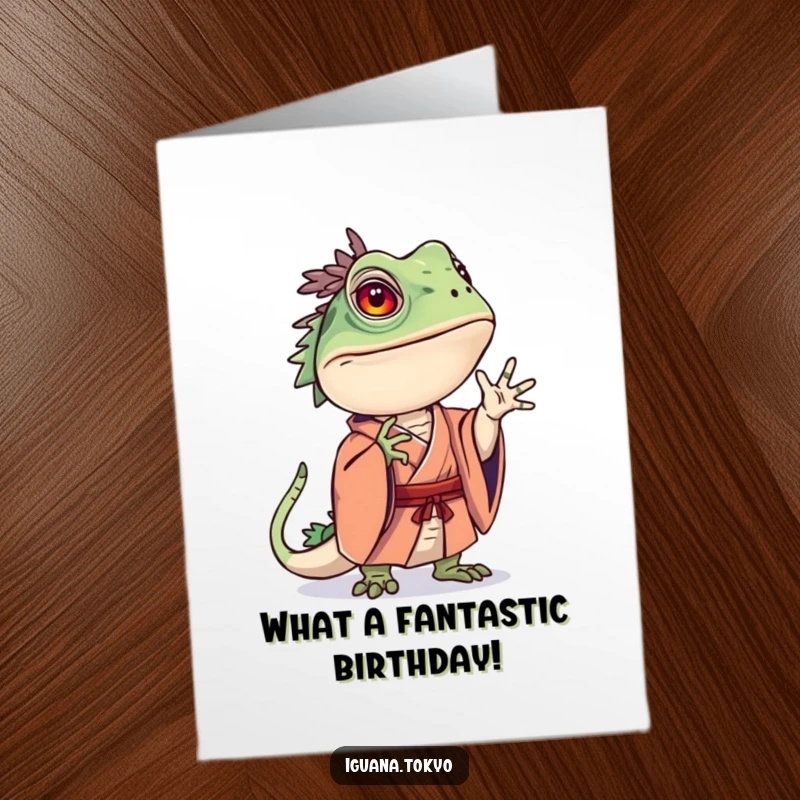 Funny Free Printable Birthday Card: Iguana in a kimono striking a curious pose, looking inquisitive.