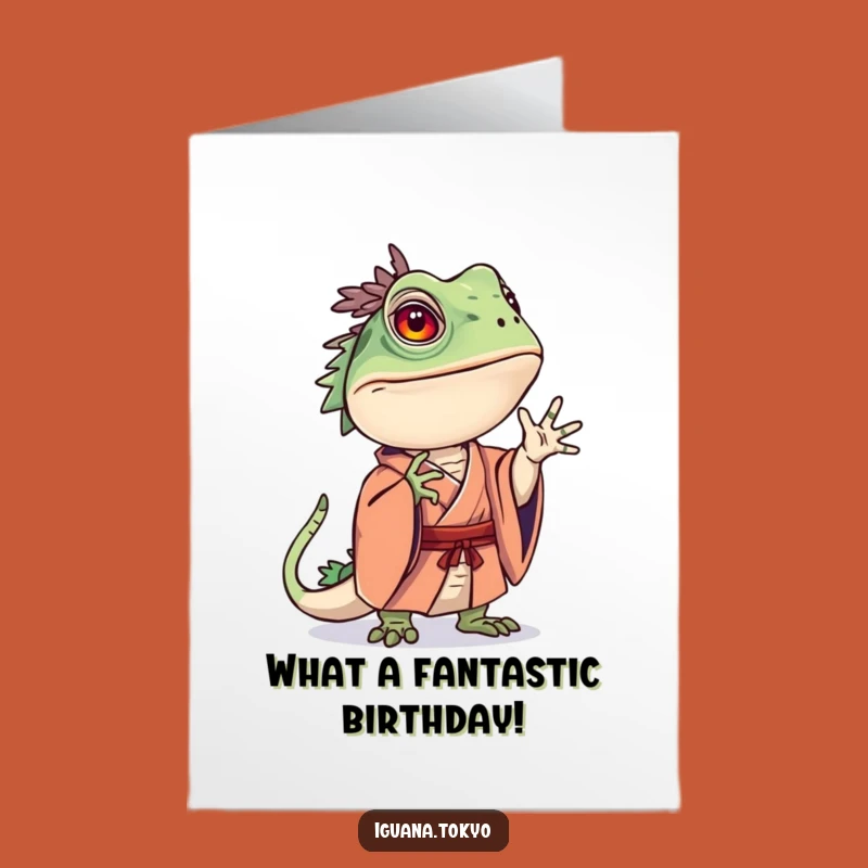 Free Printable Birthday Card: Curious Iguana Kimono Pose Downloadable Gift