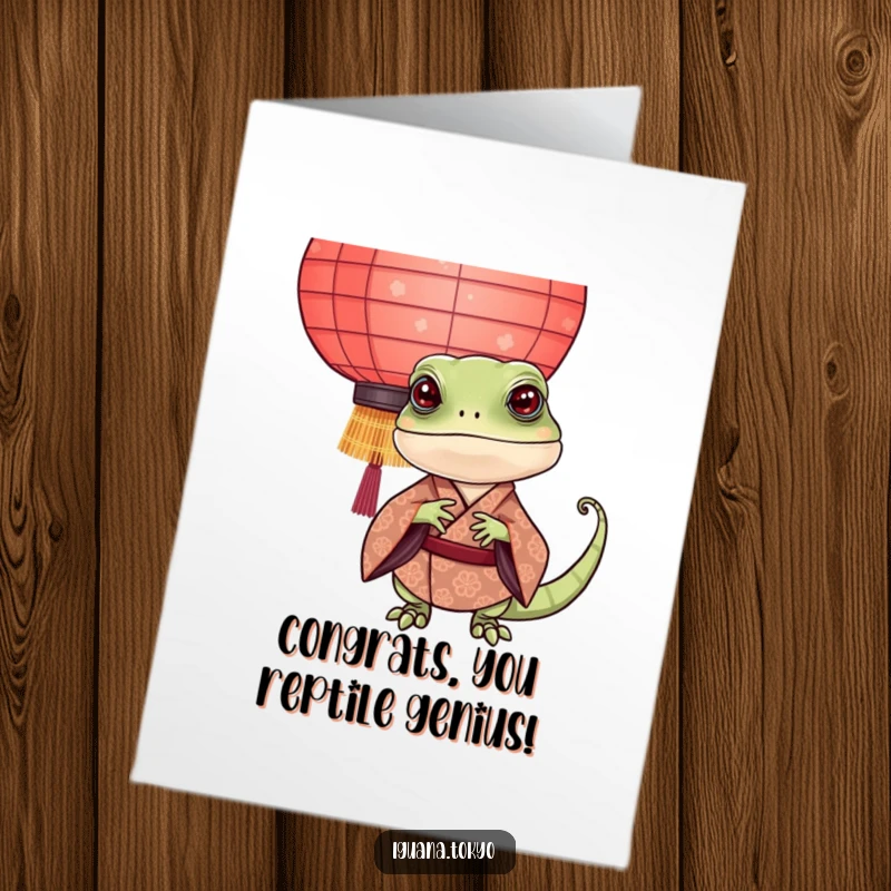 Funny Free Printable Iguana Congrats Card: Playful reptile in kimono peeking from lantern.