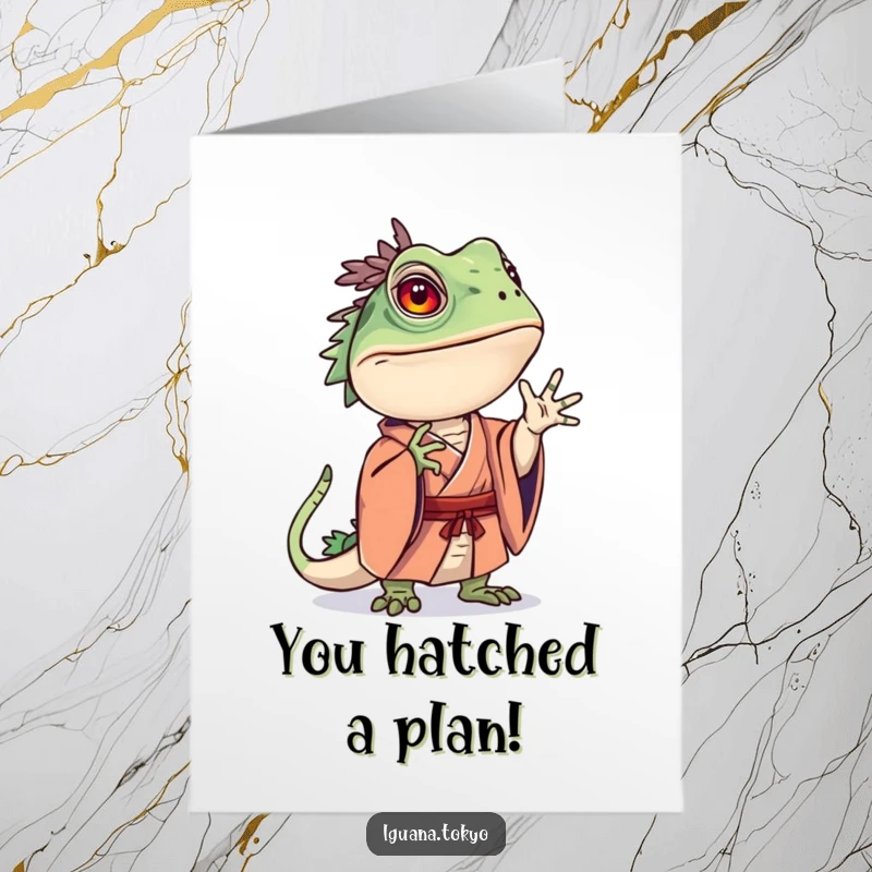 Funny Free Printable Congratulations Card: Iguana in a kimono striking a curious pose, pondering success.
