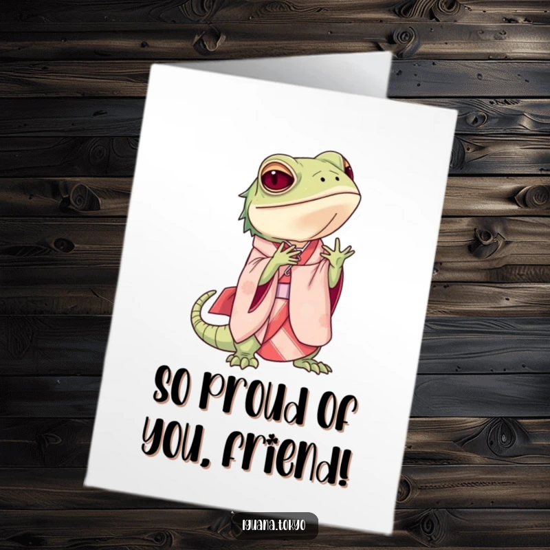 Funny Free Printable Congratulations Card: An iguana in an elegant kimono executes a perfect, polite bow.