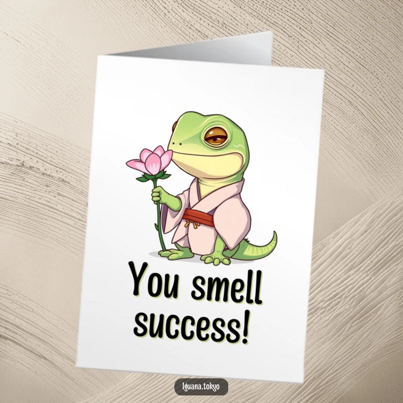 Funny Free Printable Congratulations Card: Iguana in a kimono curiously examining a flower, showing interest.