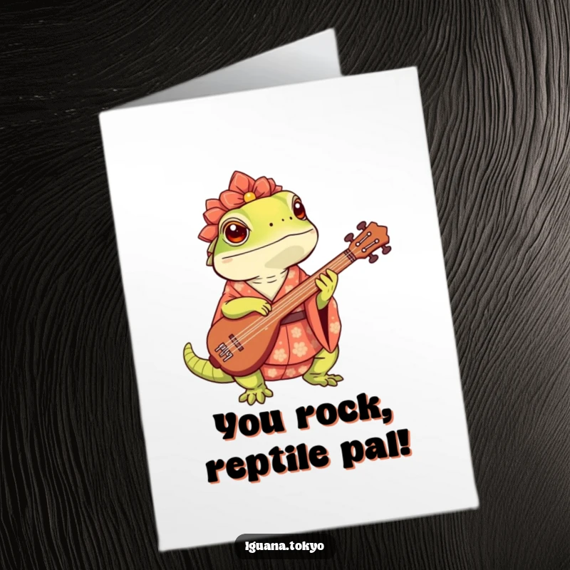 Funny Free Printable Congratulations Card: A cute iguana in a patterned kimono plays the shamisen, celebrating success.