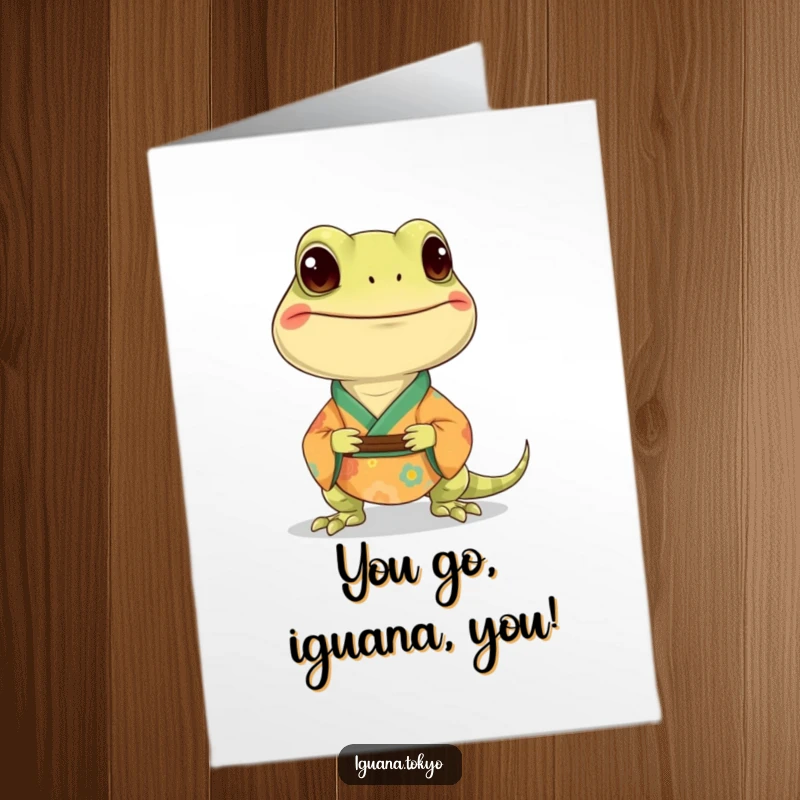 Funny Free Printable Congratulations Card: Smiling iguana wearing a small, colorful kimono, looking pleased.