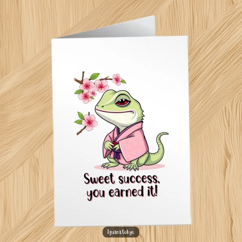 Funny Free Printable Iguana Congrats Card: Iguana in kimono curiously sniffing a cherry blossom.