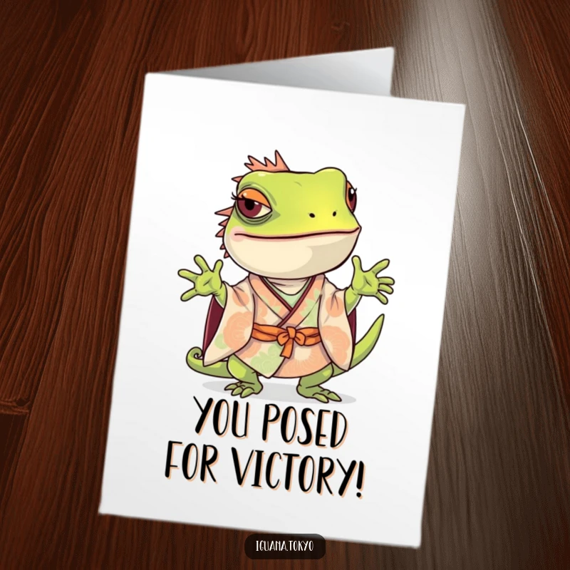 Funny Free Printable Iguana Congrats Card: Iguana in kimono striking a playful, curious pose.