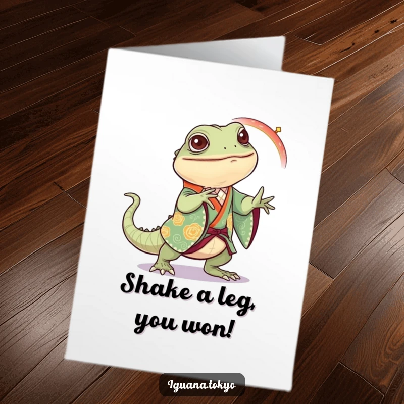 Funny Free Printable Iguana Congrats Card: Iguana in festive kimono joyfully dancing.