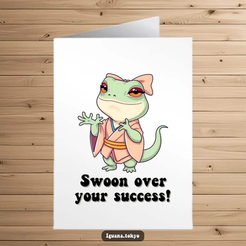 Funny Free Printable Congratulations Card: A petite iguana in a kimono executes a dramatic, swooshing bow.