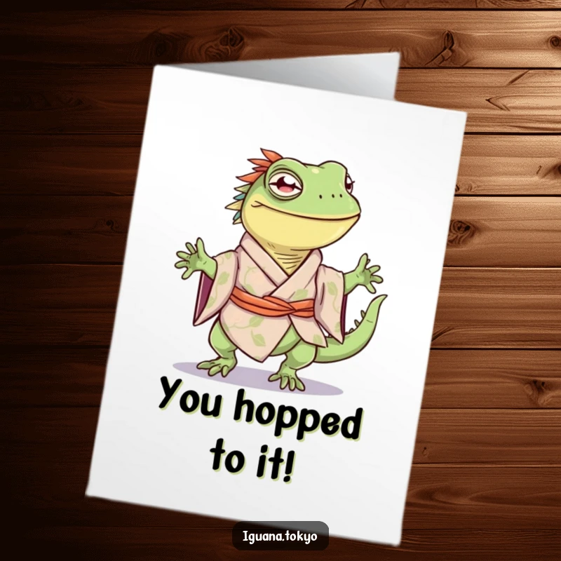 Funny Free Printable Congratulations Card: Iguana in a kimono doing a little happy hop, celebrating victory.