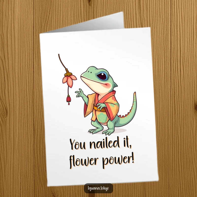 Funny Free Printable Iguana Congrats Card: Iguana in kimono playfully batting at a flower.