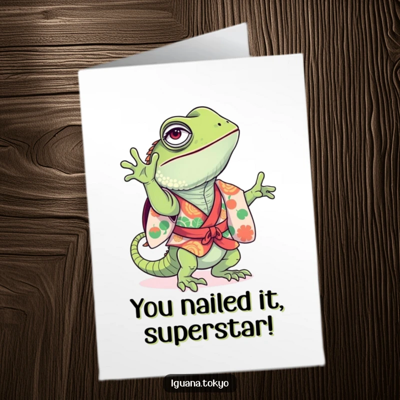 Funny Free Printable Congratulations Card: A playful iguana in a colorful kimono attempts a handstand with glee.