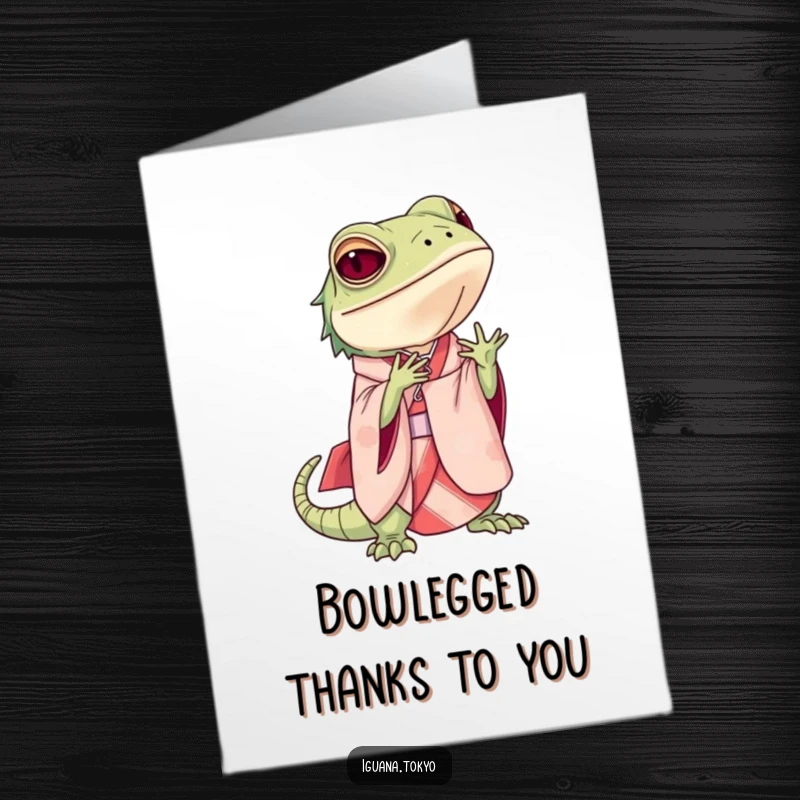 Funny Free Printable Thank You Card: An iguana in a formal kimono offers a respectful and elegant bow.