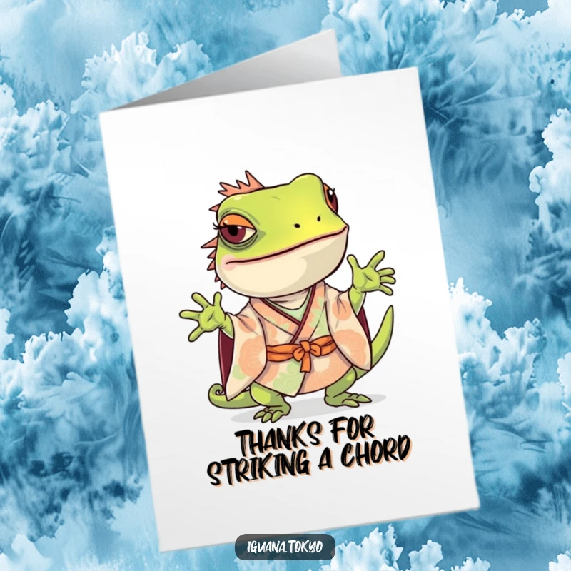 Funny Free Printable Iguana Thank You Card: Iguana in kimono striking a playful, curious pose.