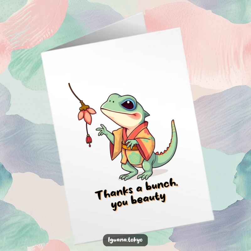 Funny Free Printable Iguana Thank You Card: Iguana in kimono playfully batting at a flower.