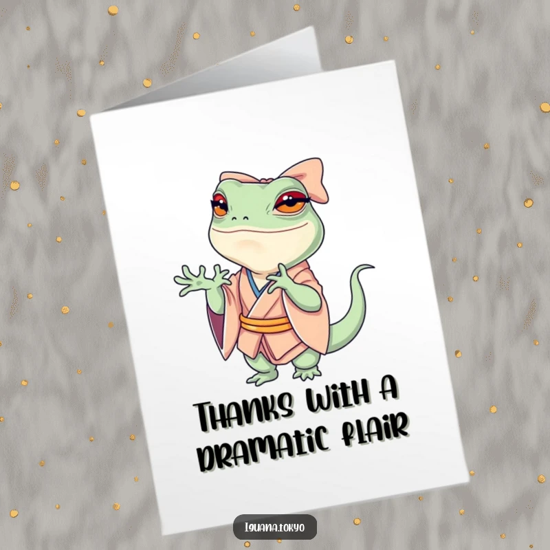 Funny Free Printable Thank You Card: A petite iguana in a kimono performs a dramatic, sweeping bow.