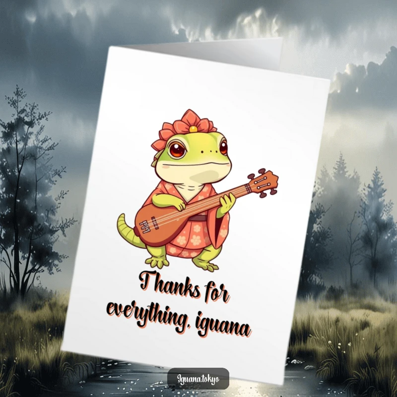 Funny Free Printable Thank You Card: An iguana in a kimono plays a shamisen, conveying heartfelt thanks.
