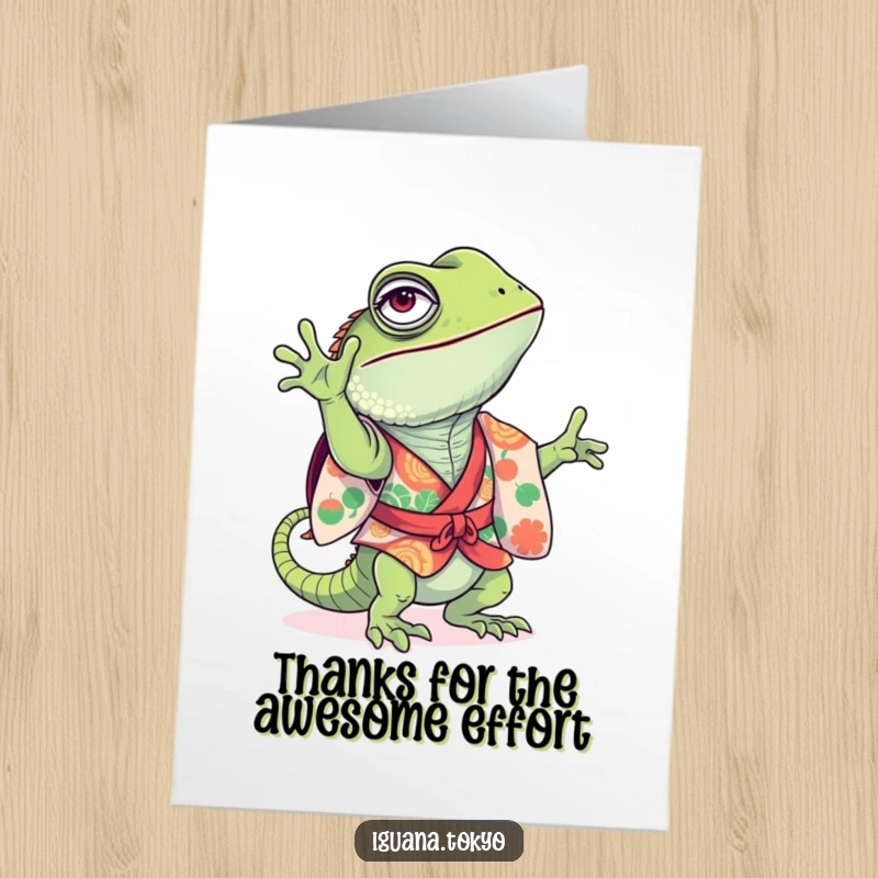 Funny Free Printable Thank You Card: A colorful kimono-wearing iguana attempts a handstand to express thanks.
