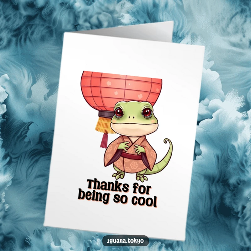 Funny Free Printable Iguana Thank You Card: Playful reptile in kimono peeking from lantern.
