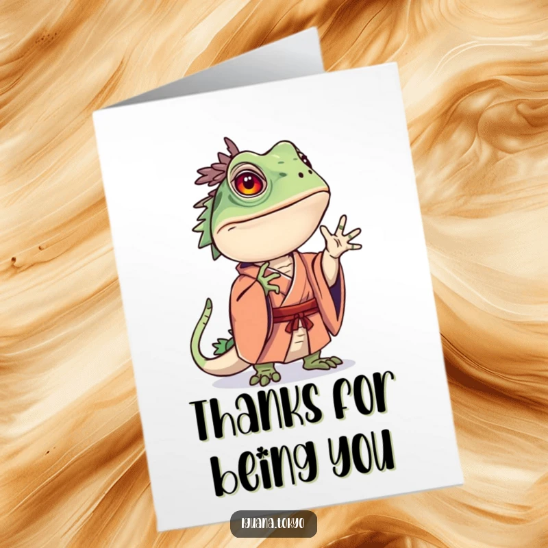 Funny Free Printable Thank You Card: Iguana in a kimono striking a curious pose, showing intrigue.