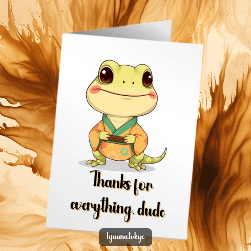 Funny Free Printable Thank You Card: Smiling iguana wearing a small, colorful kimono, expressing thanks.