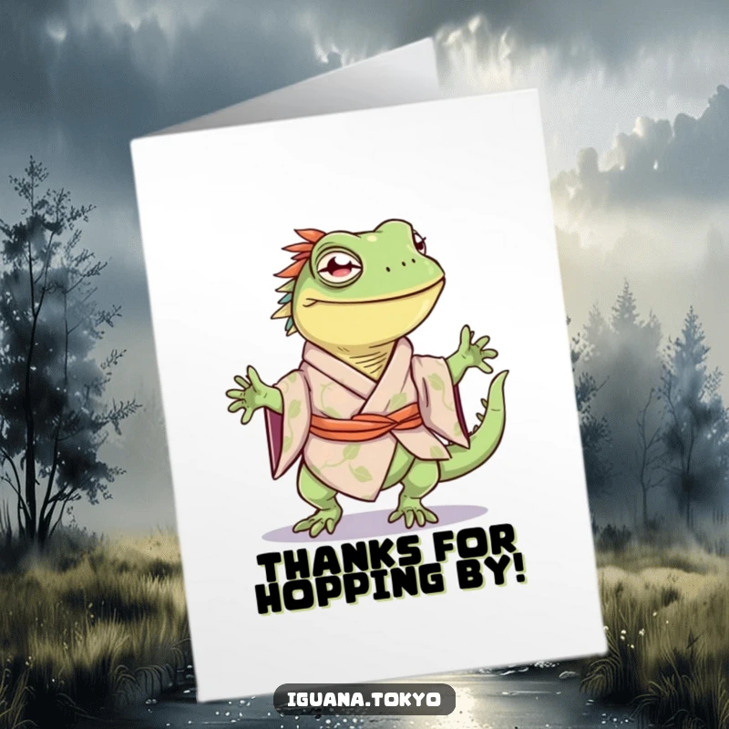 Funny Free Printable Thank You Card: Iguana in a kimono doing a little happy hop, expressing joy.