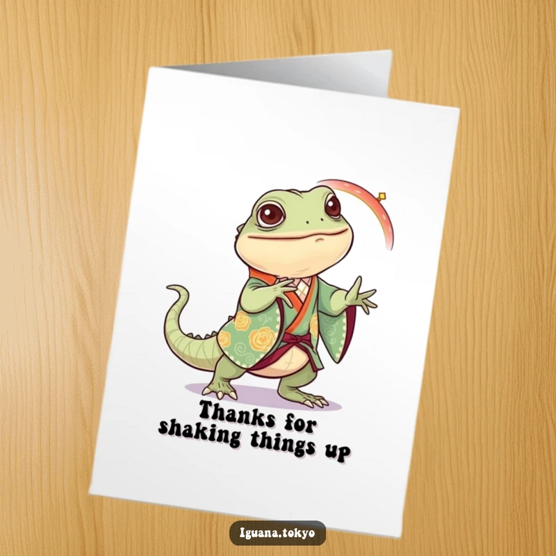 Funny Free Printable Iguana Thank You Card: Iguana in festive kimono joyfully dancing.